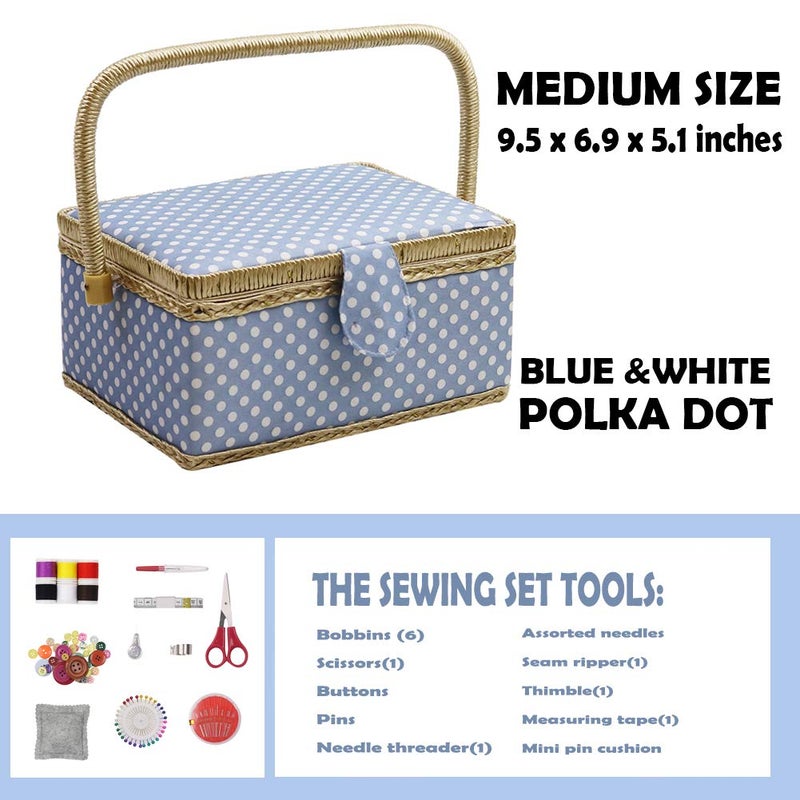 D&D Sewing Box with Sewing Kit Accessories, D&D Wooden Sewing Basket Organizer with Accessories for Home, Travel, Blue Polka Dot - Image 2